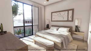 Bedroom with carpet floors and ceiling fan