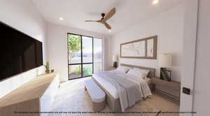 Bedroom featuring access to outside, ceiling fan, and recessed lighting