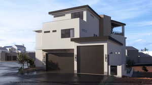 Contemporary house featuring a garage, stucco siding, a balcony, and concrete driveway