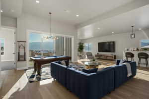 Basement game entertainment room with amazing views and 12 foot ceilings