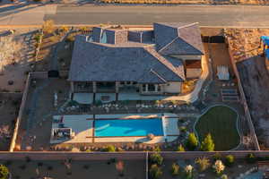 View from above of property featuring a pool