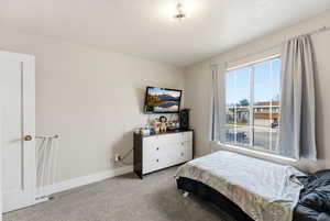 Carpeted bedroom featuring a textured ceiling