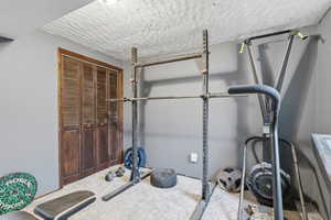 Workout room featuring carpet and a textured ceiling