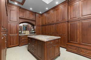 Walk in closet with light colored carpet
