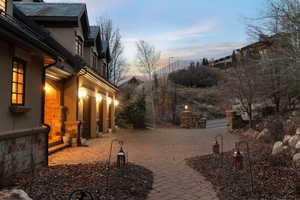 View of yard at dusk
