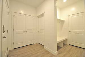 Mudroom featuring light wood-style flooring and recessed lighting