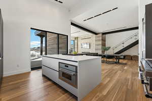 Kitchen featuring modern cabinets, light wood-style flooring, stainless steel appliances, and light countertops