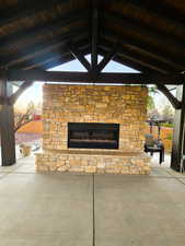 Exterior view of an outdoor stone fireplace
