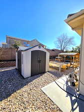 View of shed featuring a fenced backyard