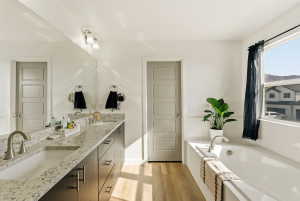 Bathroom with double vanity, light wood-style floors, and a garden tub