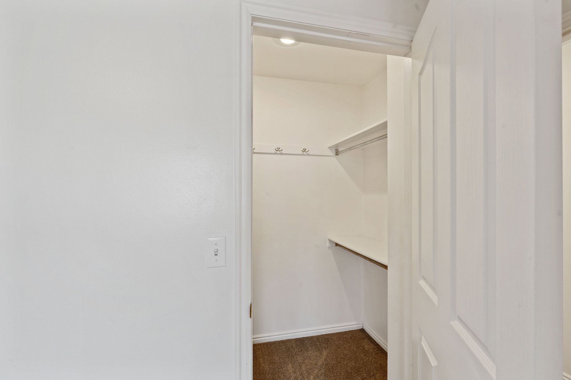 Walk in closet featuring dark colored carpet