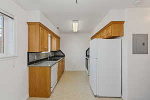 Kitchen featuring backsplash, white appliances, dark stone counters, electric panel, and light flooring