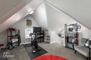 Workout area with light colored carpet and baseboards