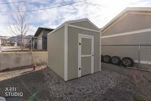 View of shed featuring a fenced backyard