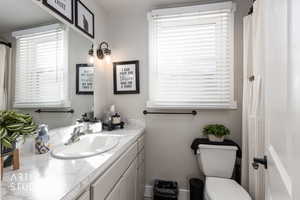 Bathroom with a shower with curtain and vanity