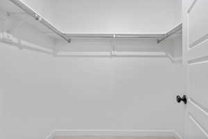 Walk in closet with light colored carpet