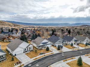 Aerial view of residential area with a mountain backdrop