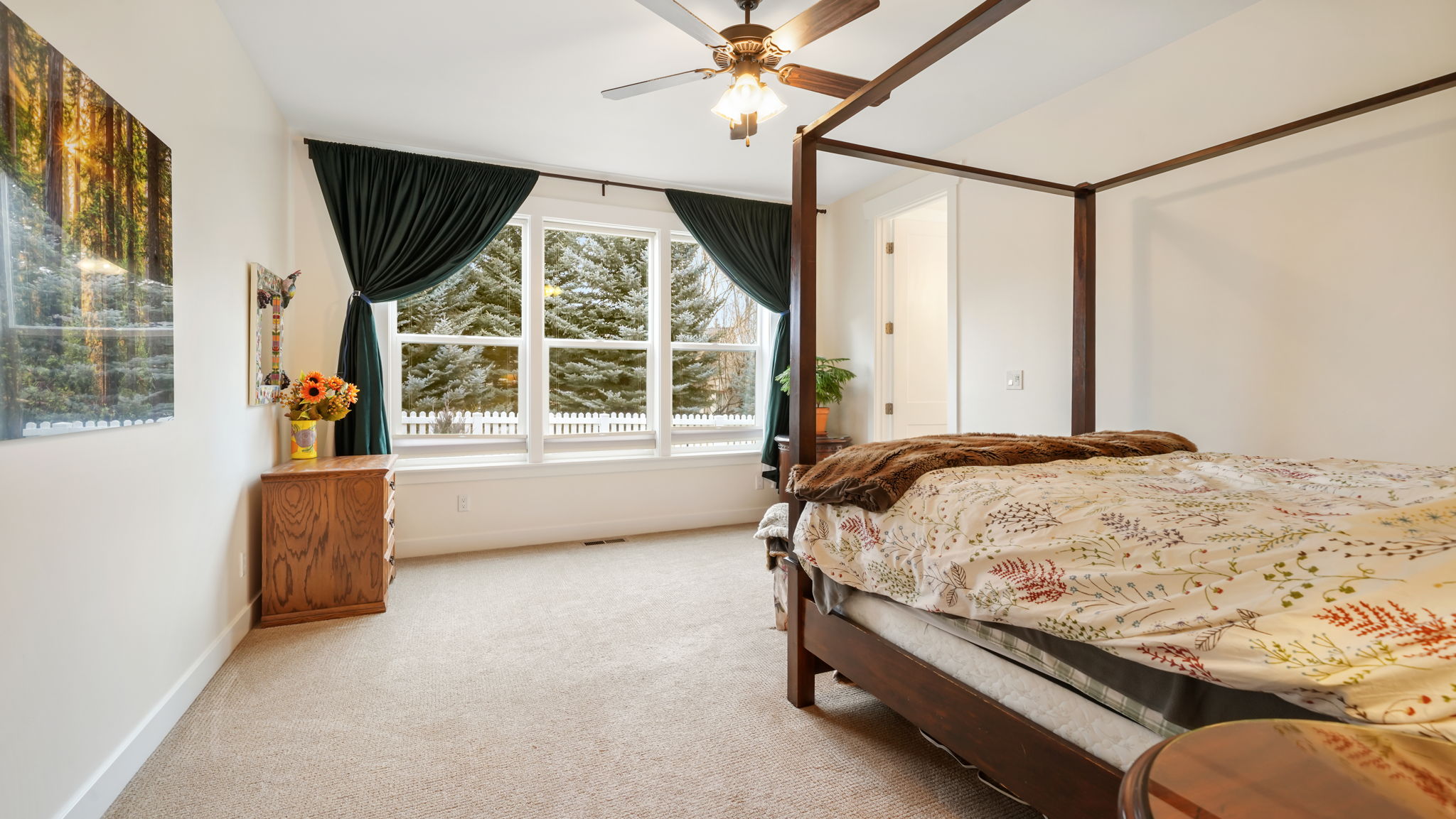Spacious room featuring multiple large windows, neutral carpet flooring, and a ceiling fan with integrated lighting