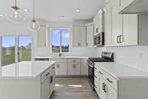 Kitchen featuring stainless steel appliances, hanging light fixtures, a kitchen island, light wood-style flooring, and white cabinetry