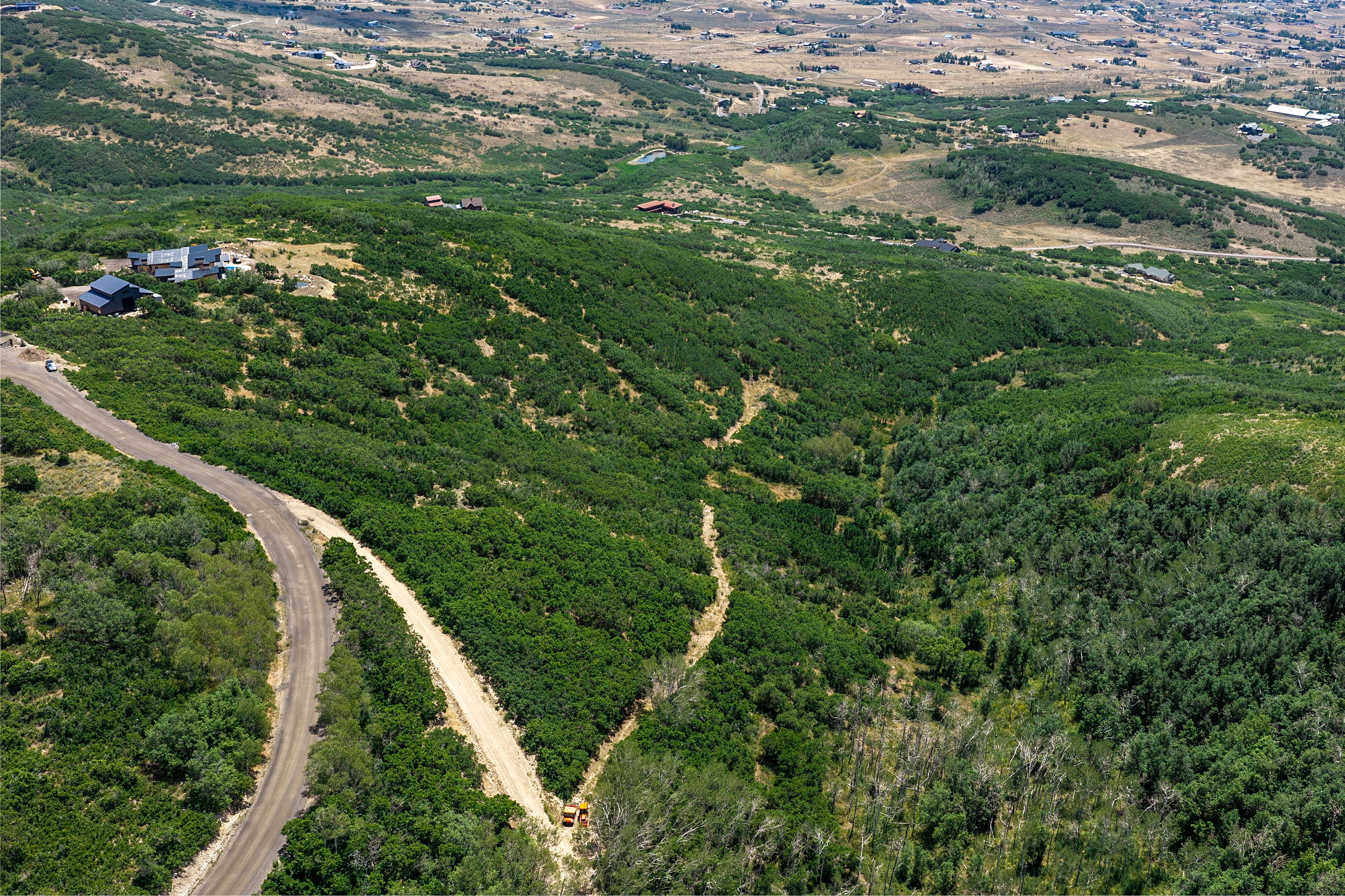 Expansive mountainous terrain featuring extensive green foliage and a winding dirt road