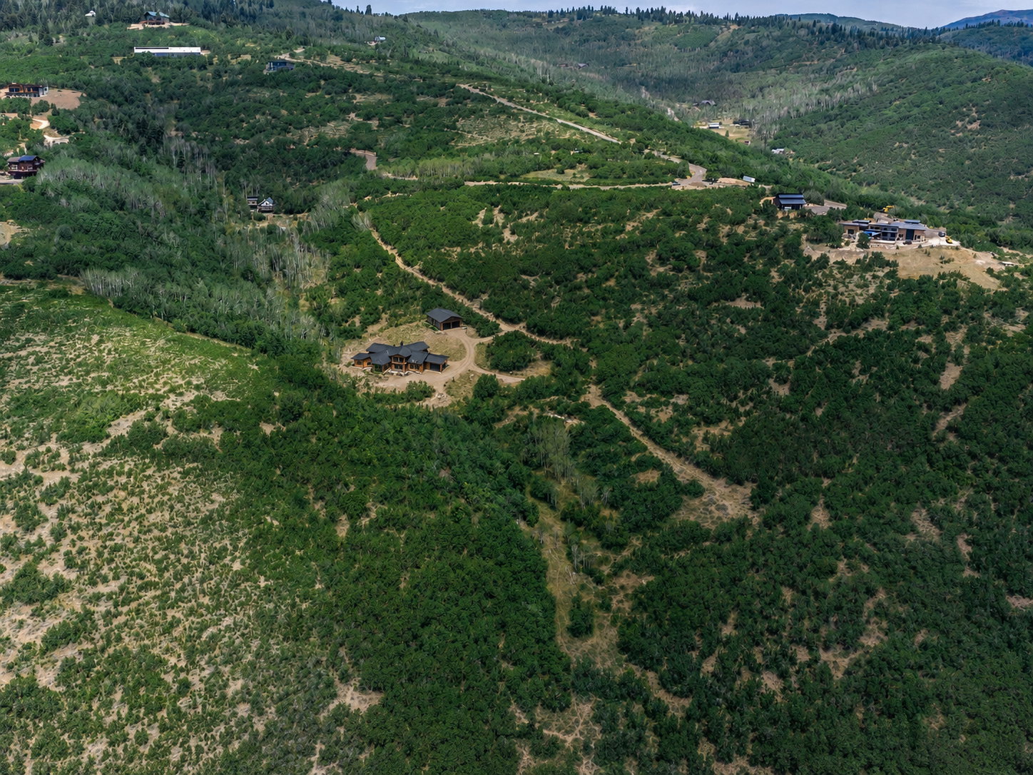Hillside property featuring wooded terrain, a gravel driveway, and multiple residential structures