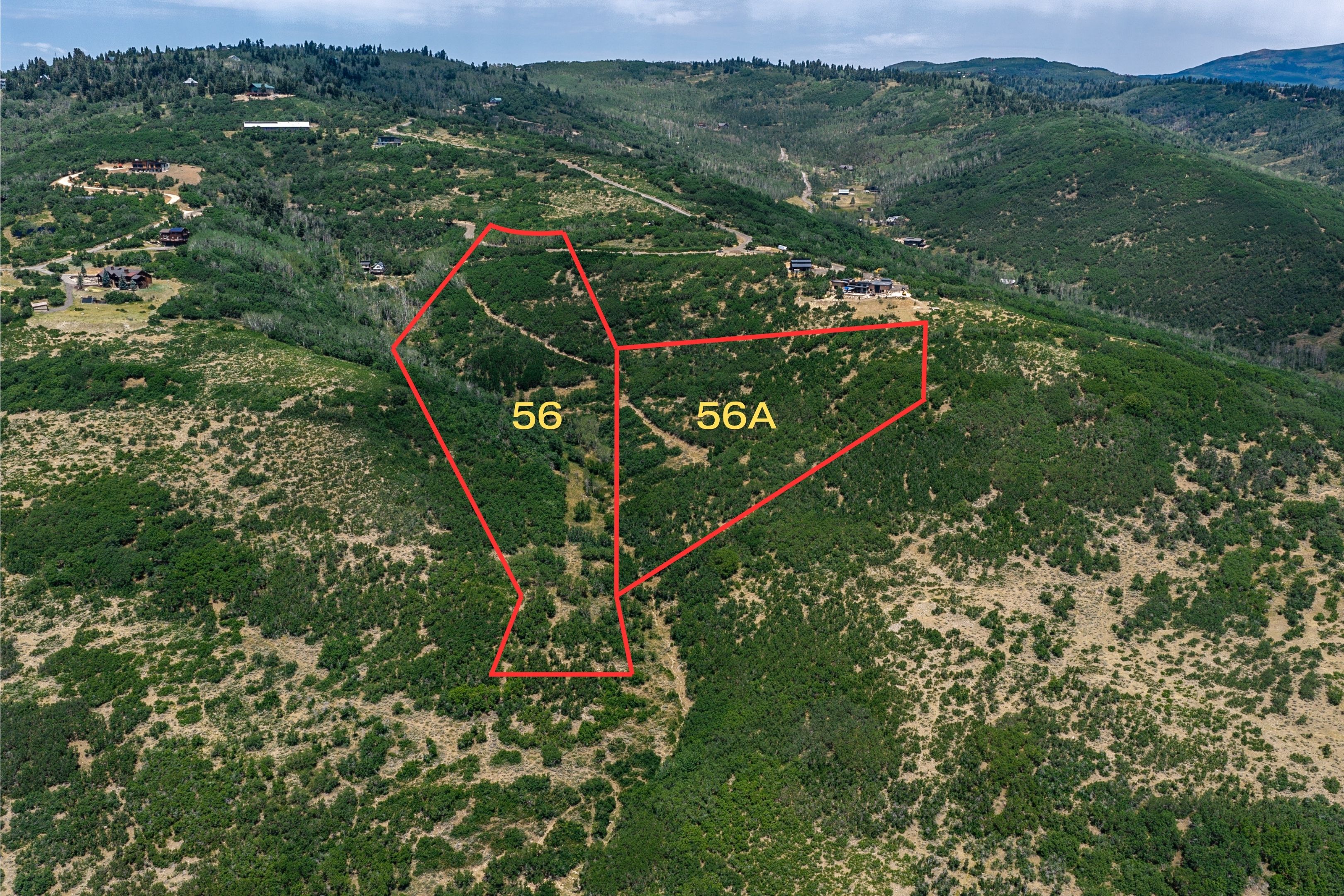 Expansive mountain terrain with visible property lines for parcels 56 and 56A