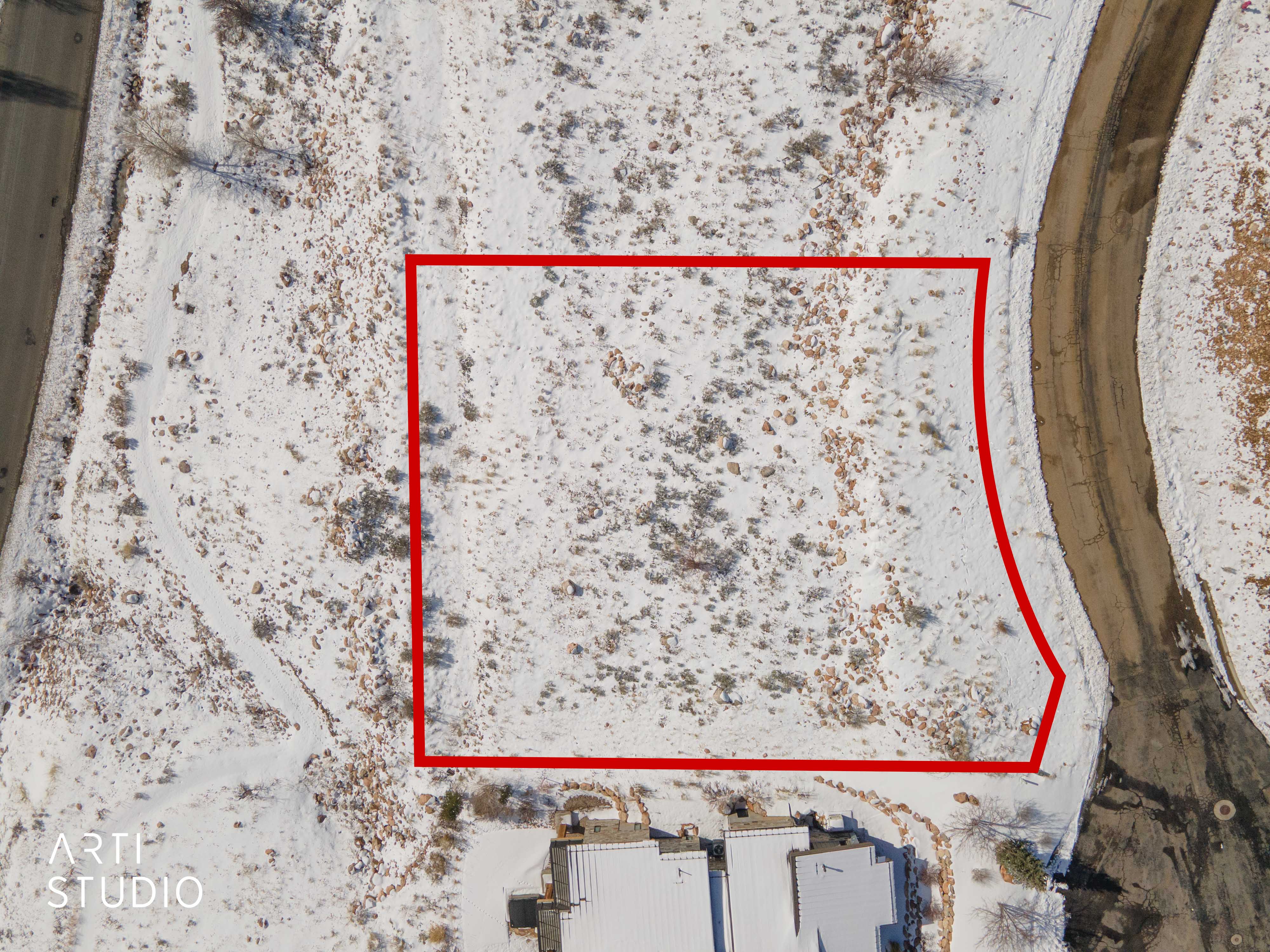 Aerial overview of property's location with property boundaries highlighted