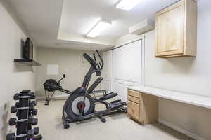 Exercise room featuring light colored carpet and a textured ceiling