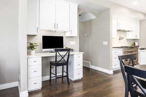 Home office with dark wood-type flooring and baseboards