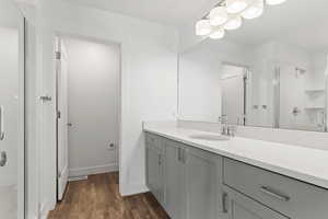 Bathroom with a stall shower, vanity, and dark wood-style floors