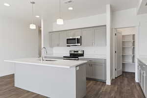 Kitchen with gray cabinetry, decorative light fixtures, stainless steel appliances, and dark wood finished floors