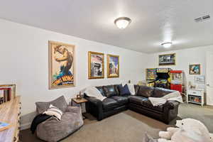 Living room featuring carpet floors and a textured ceiling
