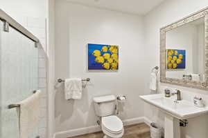 Full bathroom featuring a shower stall and wood finished floors