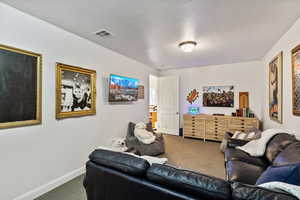Carpeted living room with baseboards and a textured ceiling