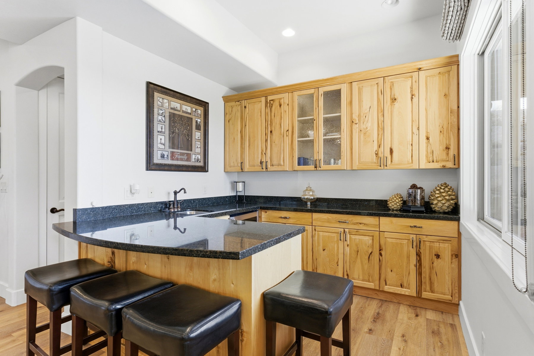 Kitchenette featuring wood-finish cabinetry, dark countertops, and a built-in sink with a gooseneck faucet