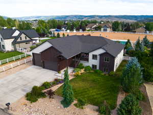 Aerial view of residential area with a mountainous background