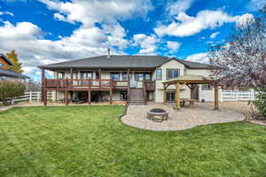 Rear view of house featuring a fenced backyard, a patio area, stucco siding, and an outdoor fire pit