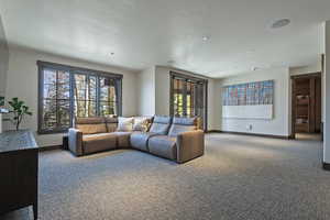 Carpeted living area featuring baseboards and recessed lighting