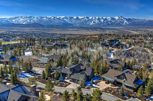 Aerial view of residential area with mountains