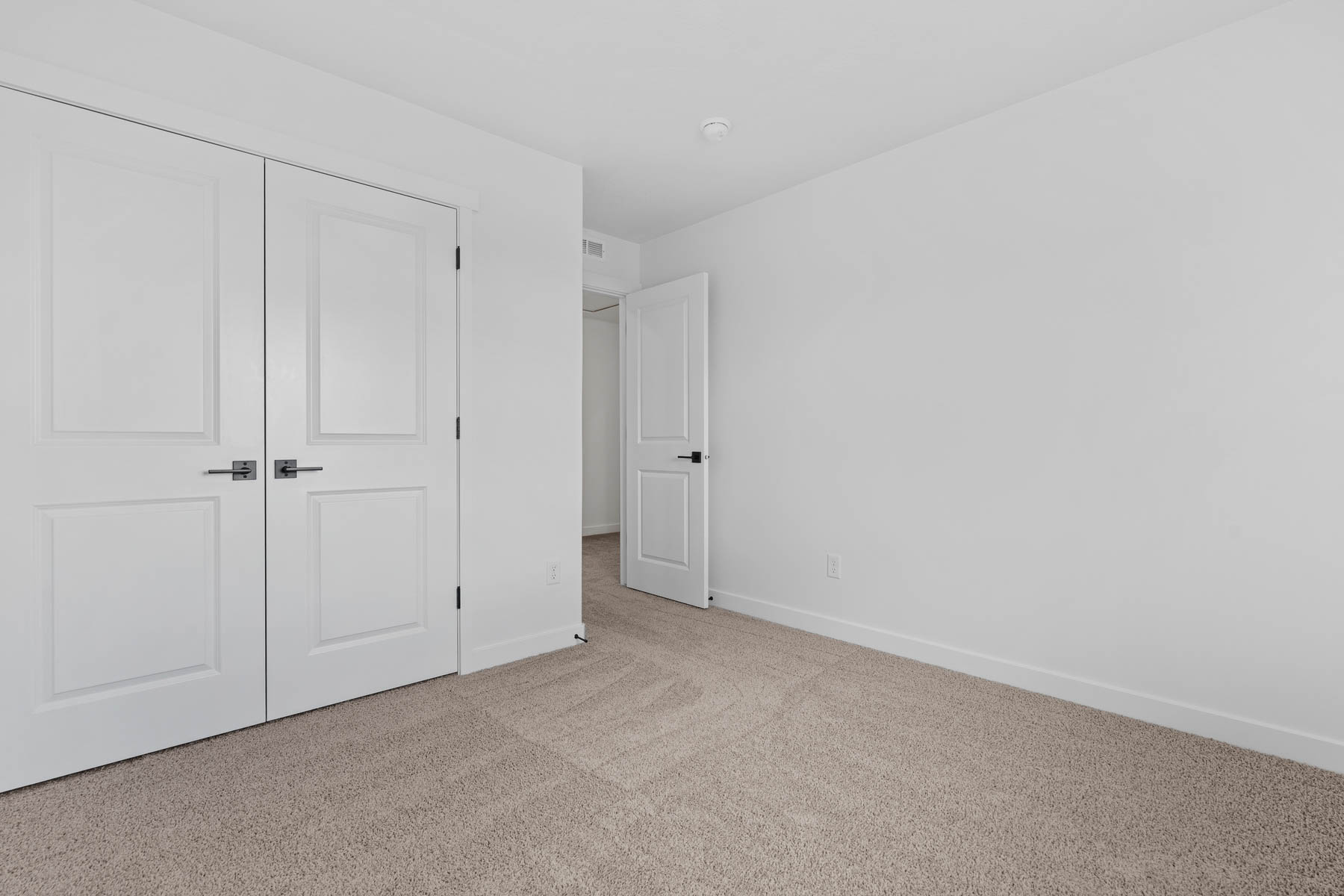Room featuring light-toned carpet flooring, white painted walls, and a pair of white double doors with dark hardware