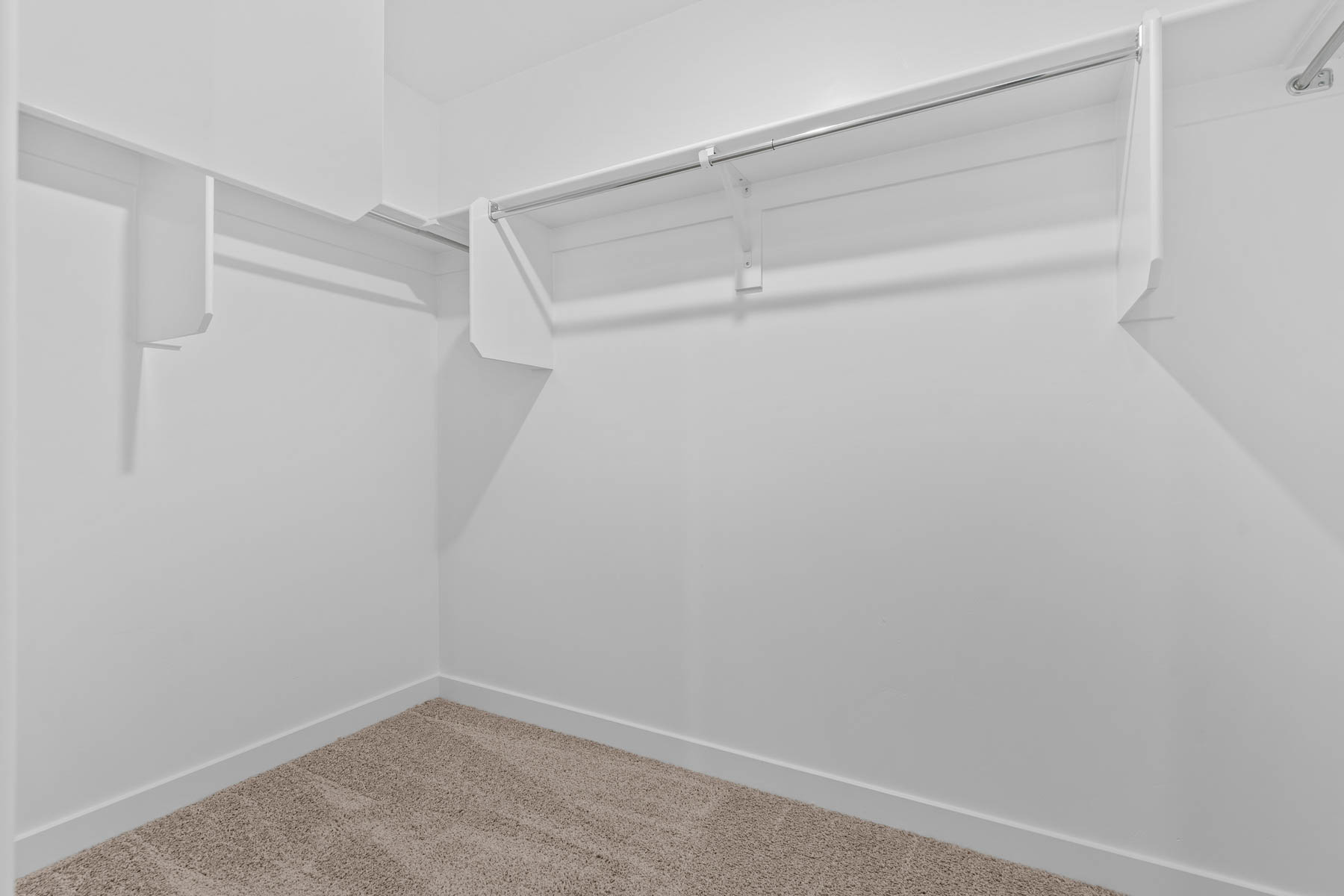 Walk-in closet featuring light-toned carpeting, white walls, and built-in shelving with hanging rods