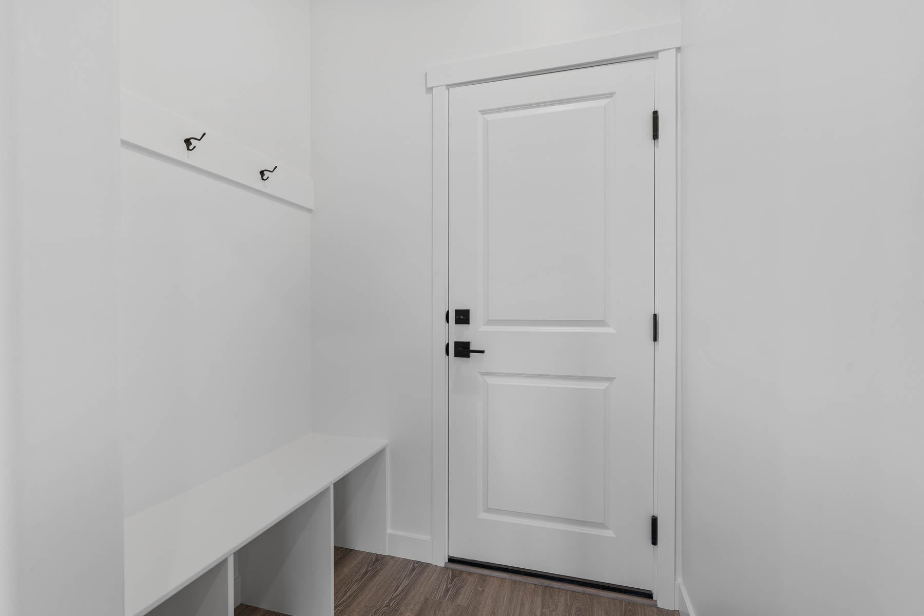 Entryway featuring a solid panel door with matte black hardware, white trim, and wood-finish flooring