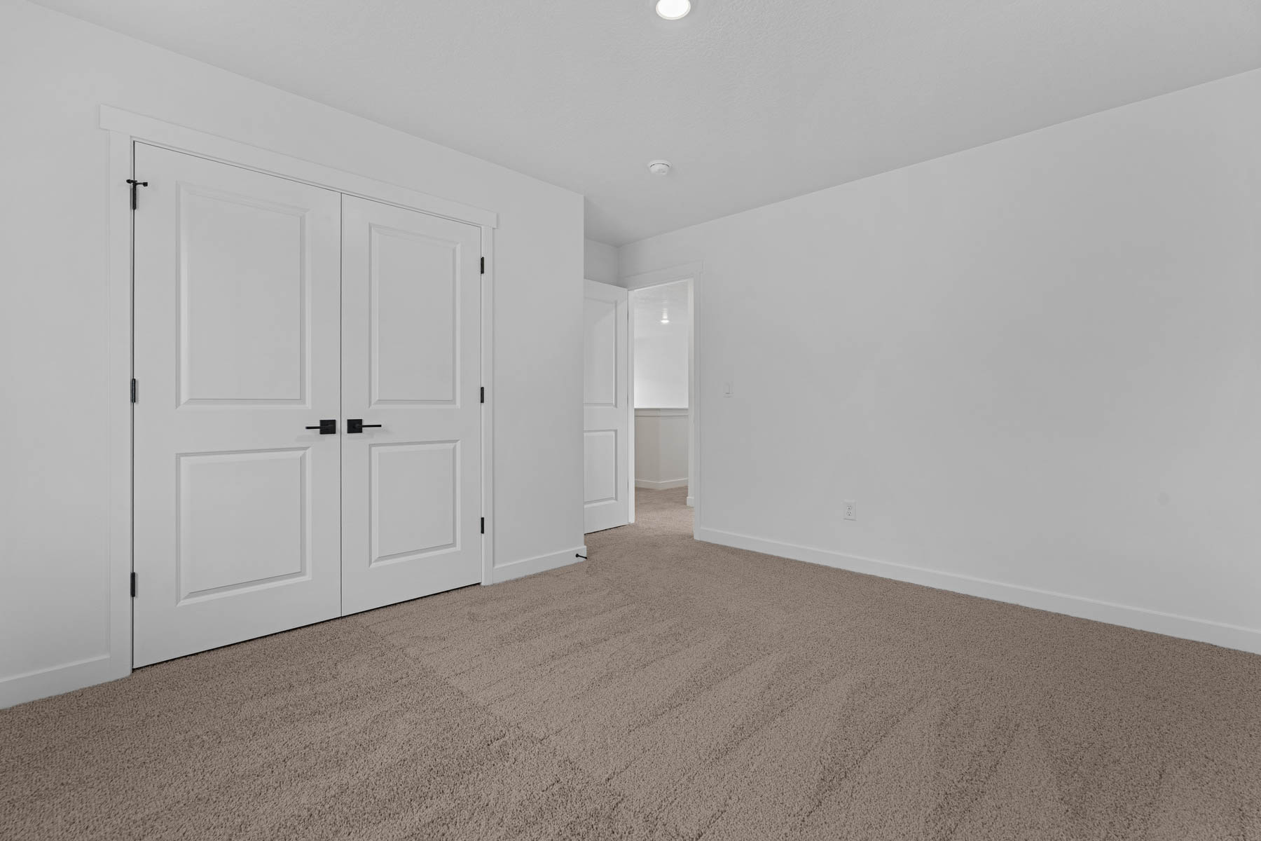 Neutral tone-on-tone carpet flooring extending throughout the room