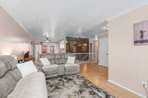 Living room with ornamental molding,  Spacious view into dining area