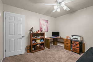 Office space featuring light colored carpet, a textured ceiling, and a ceiling fan