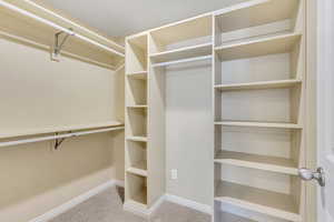 Walk in closet featuring light carpet