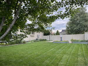 Fenced yard with a garden and a gate