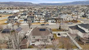 Aerial perspective of suburban area with mountains