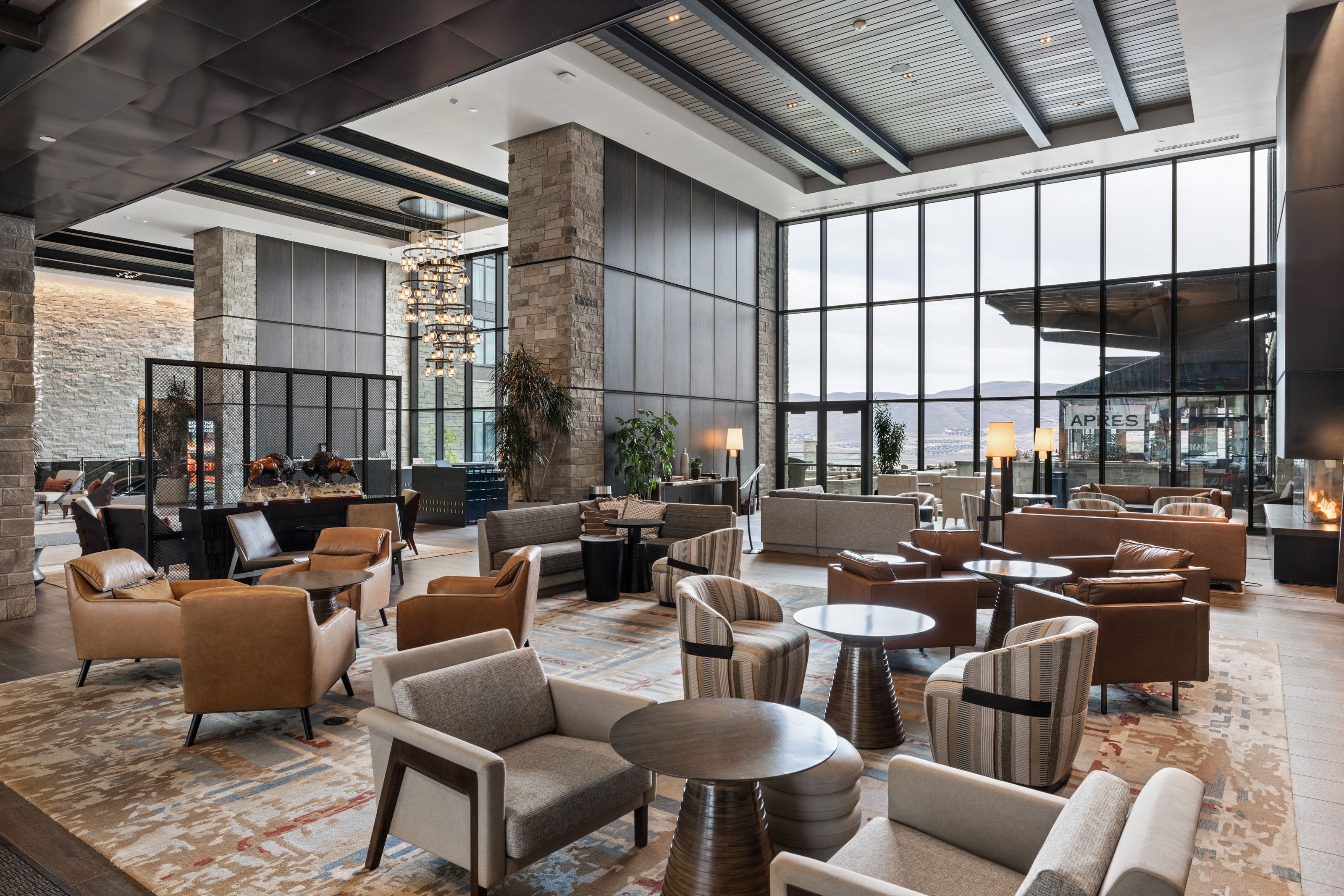 Building lobby with a high ceiling and expansive windows