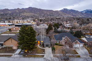 Aerial perspective of suburban area with mountains